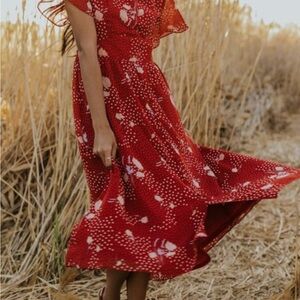 Roolee Red Maxi Sundress with Flutter Sleeves